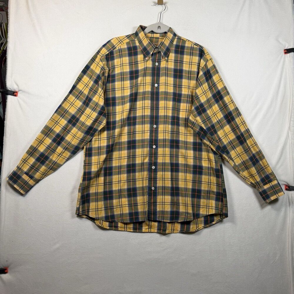 Gitman Gold Shirt Mens L Yellow Green Plaid Button Down USA Cotton Long Sleeve